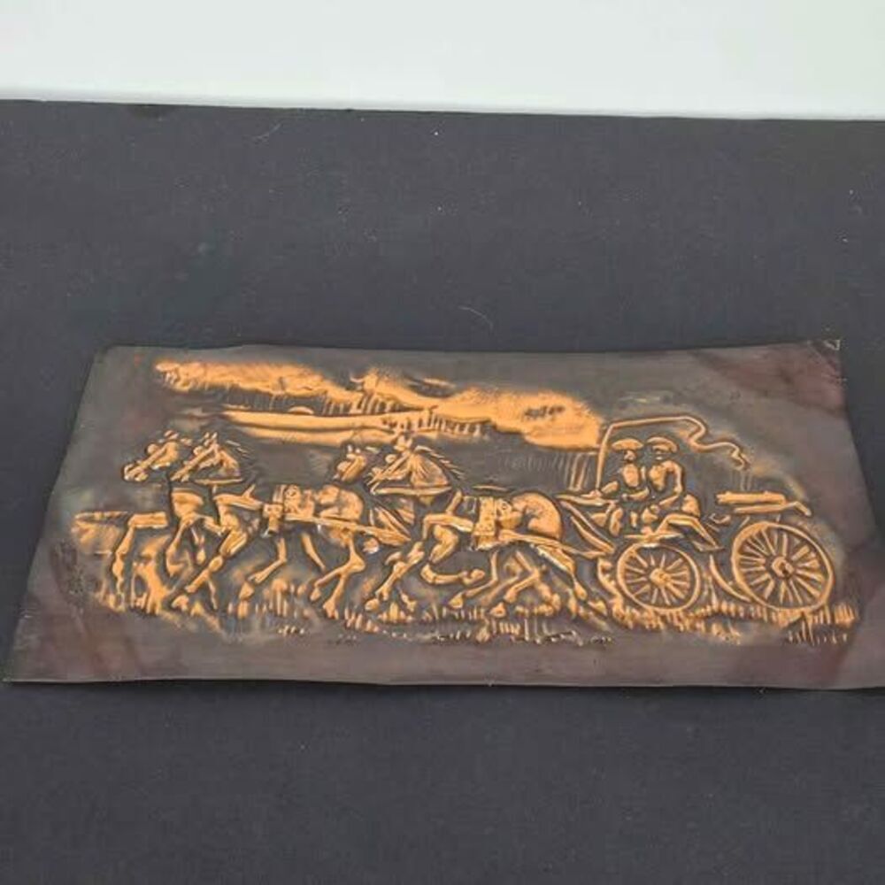 Vintage Copper Repousse Wall Art Stagecoach Horse Carriage Western Metallic